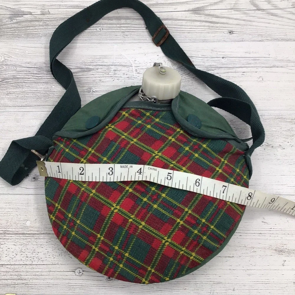 Vintage 1960s Girl Scouts 1 Quart Aluminum Canteen Green Plaid Cover & Strap - Picture 8 of 9